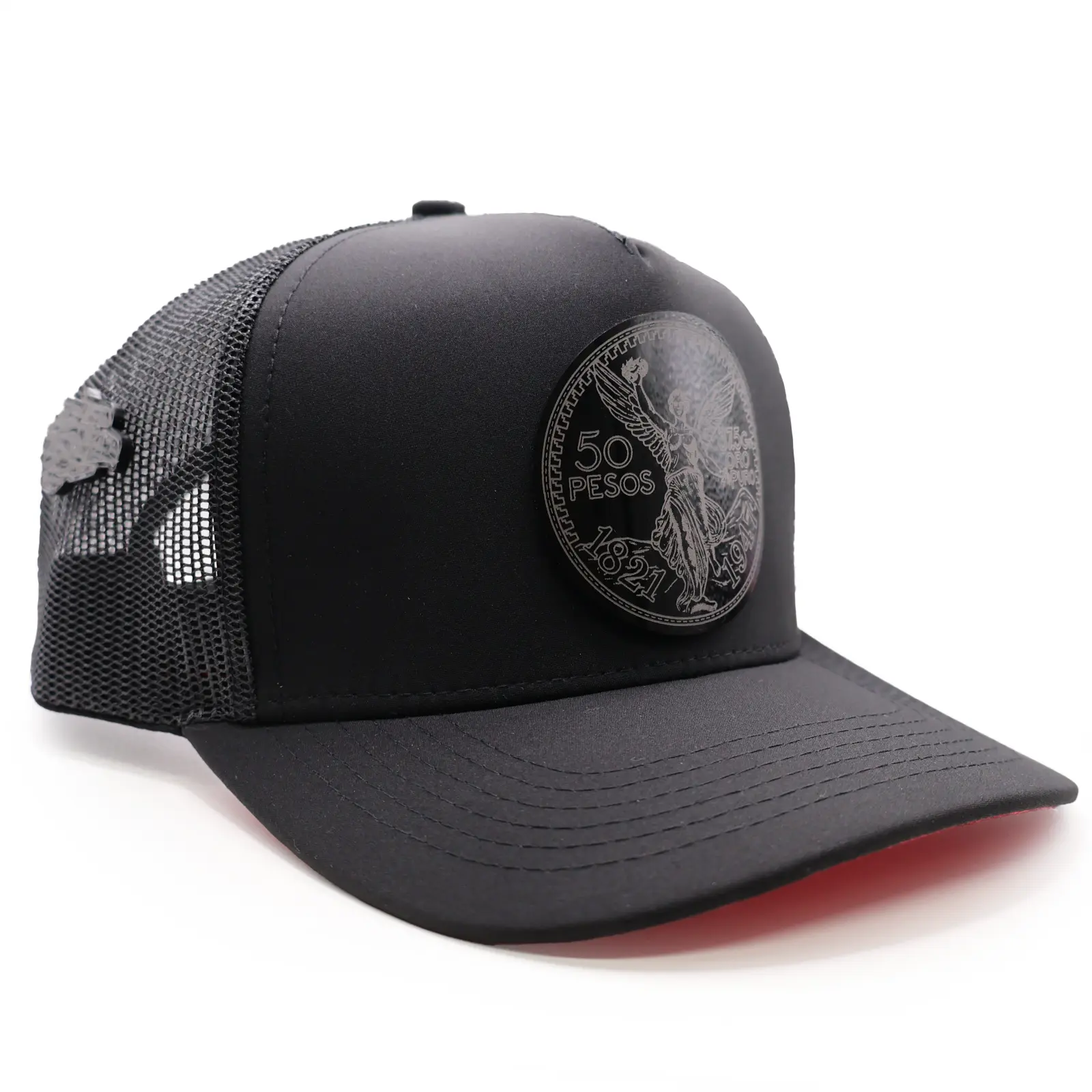 Centenario Black Mesh Hat Red Undertone Acrylic Centenario Badge High Crown 5 Panel Snapback Ranchero Chido Cap