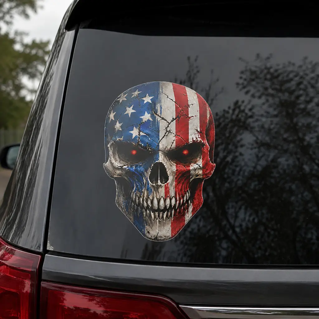 Distressed American Flag Skull PVC Car Decal - Glow in the Dark Eyes, Decorative 18.5 cm x 13 cm Horror Car Aesthetic Mountable Sticker for Truck/SUV Window, Bumper