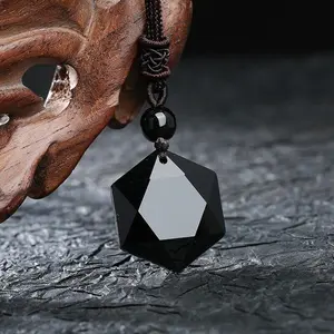 Natural Black Obsidian Hexagonal Crystal Pendant Necklace, Spiritual Protection Chakra Jewelry, Reiki Healing Talisman for Men, Obsidian Crystal Necklaces Gift for Semiprecious Stone Jewelry Lovers, Crystal Pendants, Obsidian Crystal Necklace