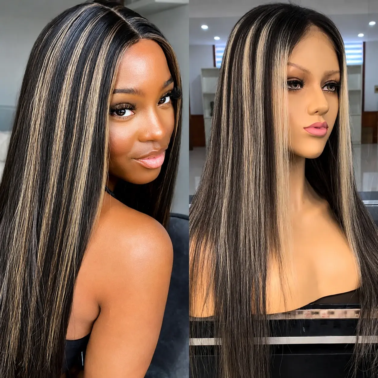 1B/27 Ombre Highlight Straight 5x5 Lace Closure Wig, Synthetic Human Hair Blend Pre Cut Lace Wig for Women, 220% Density Pre Plucked Hairline, Glueless Wear And Go Wig pluck transparent wig pre skin front