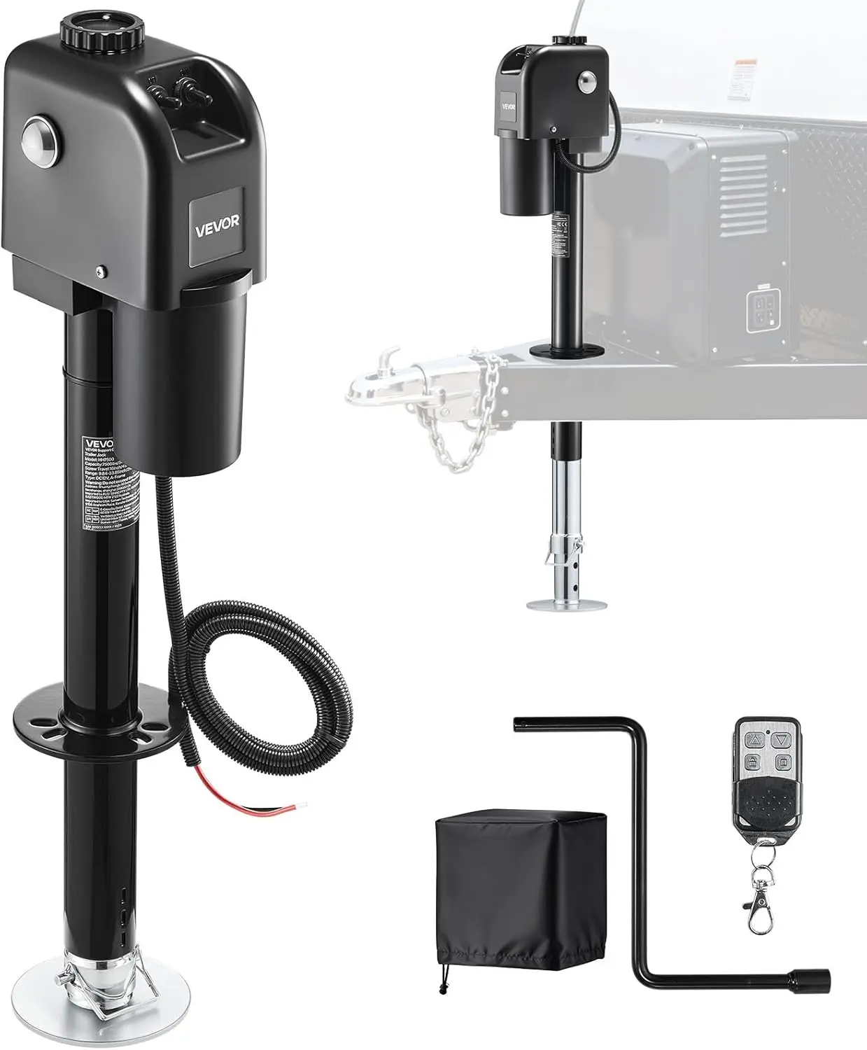 VEVOR Electric Trailer Jack, 7500 lbs Capacity, Electric Power Tongue Jack with Waterproof Protective Cover & LED Light for Travel Trailer, Camper, RV, 9.84-33.85 in Lift, 12V DC with Wiring, Black