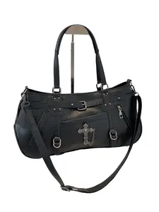Dark Cross Buckle Handbag, Durable Scratch-Resistant Fabric, Women's Y2K Punk Large Capacity Bag, Soft Leather, Versatile Tote