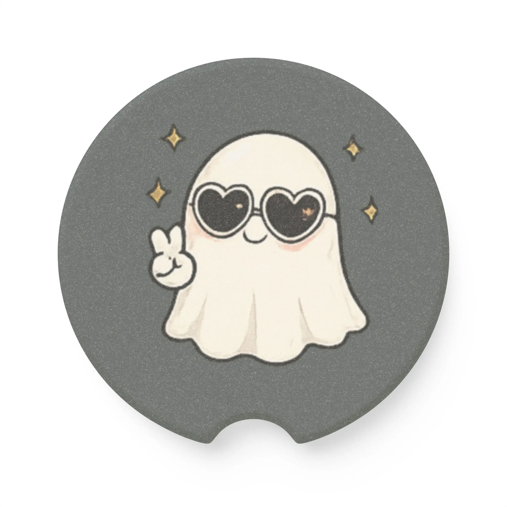 Peace Sign Ghost Car Coaster | Cute Ghost with Heart Sunglasses | Spooky Cute Soapstone Coster Gift