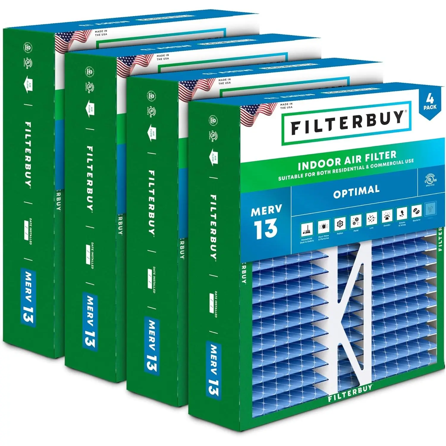 Filterbuy 20x20x5 Household Durable Air Filter (4-Pack), Pleated MERV 13 Optimal Defense HVAC AC Furnace Filters for Honeywell FC100A1011, Lennox X0585 & More