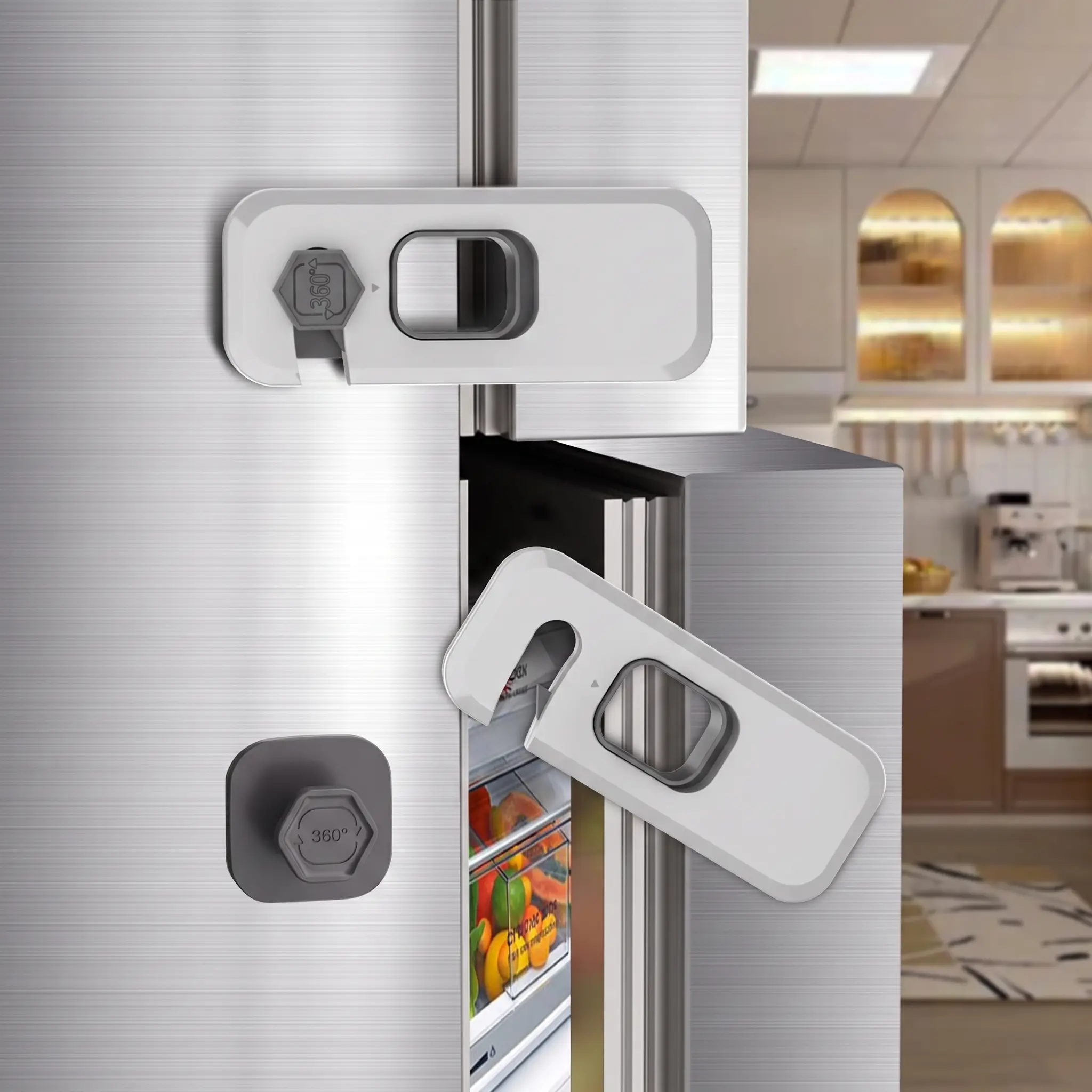 2-Pack Grey Self-Adhesive Fridge Locks, Home Improvement Child-Proof Safety Latches for Refrigerators, Cabinets, Freezer Doors, Drawers