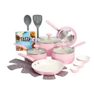 Tasty Clean Ceramic 16 Piece Non-Stick Aluminum Cookware Set, Pink