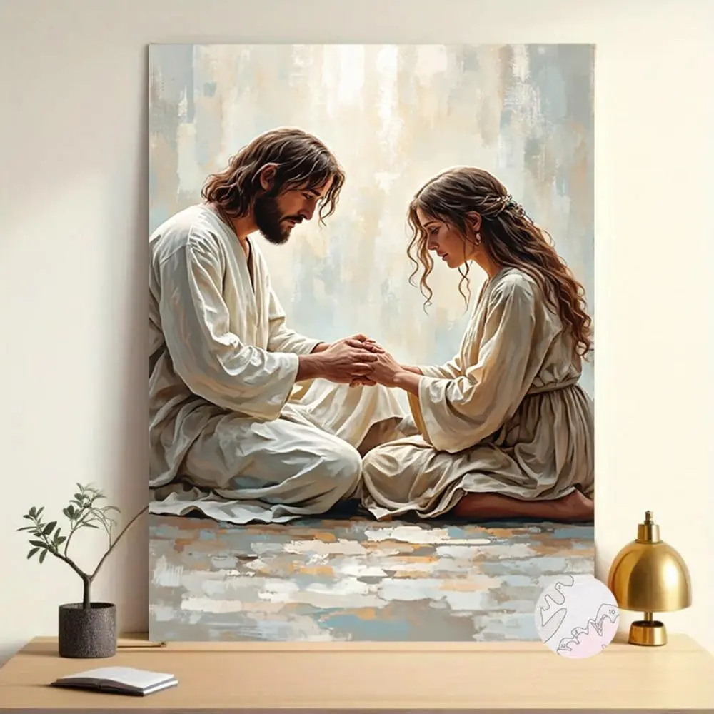 Paint by Numbers Kit for Adults & Beginners, 16x20 in Large Size Wall Art Decor with Numbered Grid Canvas, Brushes & Paints Included, Romantic Couple in White Robes Holding Hands on Reflective Floor, Serene Beige & Brown Home Decor