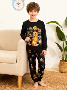 Fun Italian Brainrot Tung Tung Tung Sahur Print Kids Long Sleeve Pants Set, 2026 Costume Festival School Carnival Sleepwear Pajamas Set, Cozy Home Leisure Wear