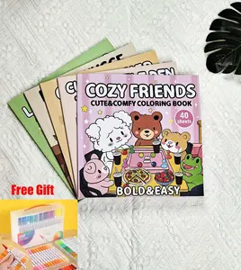 Cozy Friends Bold Easy 5pcs Adults Kids Coloring Book Set with 60 Markers for Stress Relief Cute Animals Florals Perfect for Relaxation