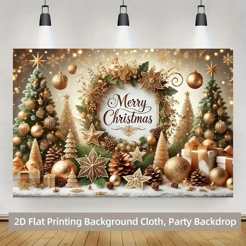 Nostalgic Vintage Christmas Backdrop Glimmering Pine Trees Circular Wreaths Sleigh Bells Perfect Gift for Teen Bedroom Holiday Decor Bright Bold Design Premium Construction Multi Occasion Ready
