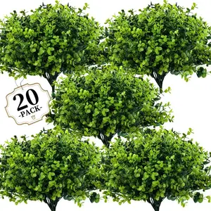 20Pcs Artificial Eucalyptus Greenery Stems, UV Resistant Faux Plastic Green Plants, Outdoor Indoor Weather Resistant Fake Shrubs For Wall Backdrop Decor, Floral Arrangement, Garden Landscape Bonsai DIY Decoration