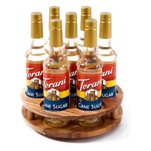 Acacia Wood Rotating Syrup Organizer, 7 Bottle Syrup Rack, Coffee Station Organizer with Large Base and Anti-Slip Pads