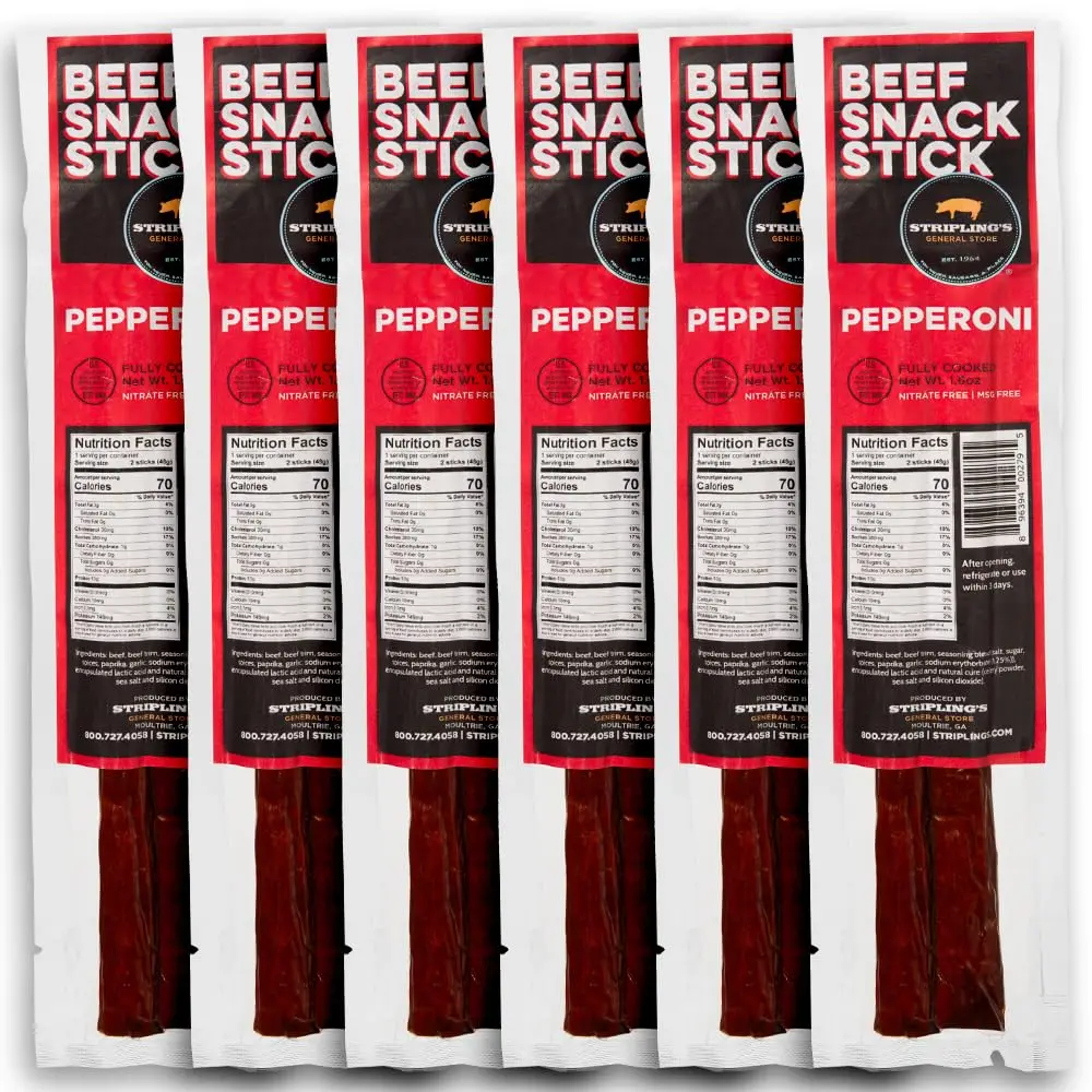 Stripling's Pepperoni Snack Sticks - Family Owned Premium Beef Jerky Snack Packs - Tender Carnivore Snacks Made in the USA, Beef Jerky Gifts for Men - High-Protein Snack Ideal for Jerky Lovers (6-Pack)