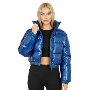 Women's Lady's Minimalist Basic Cropped Puffer Jacket - Turtleneck Quilted Bubble Coat, Lightweight Shiny Fitted Long Sleeve Top with Comfortable Quality Fabric