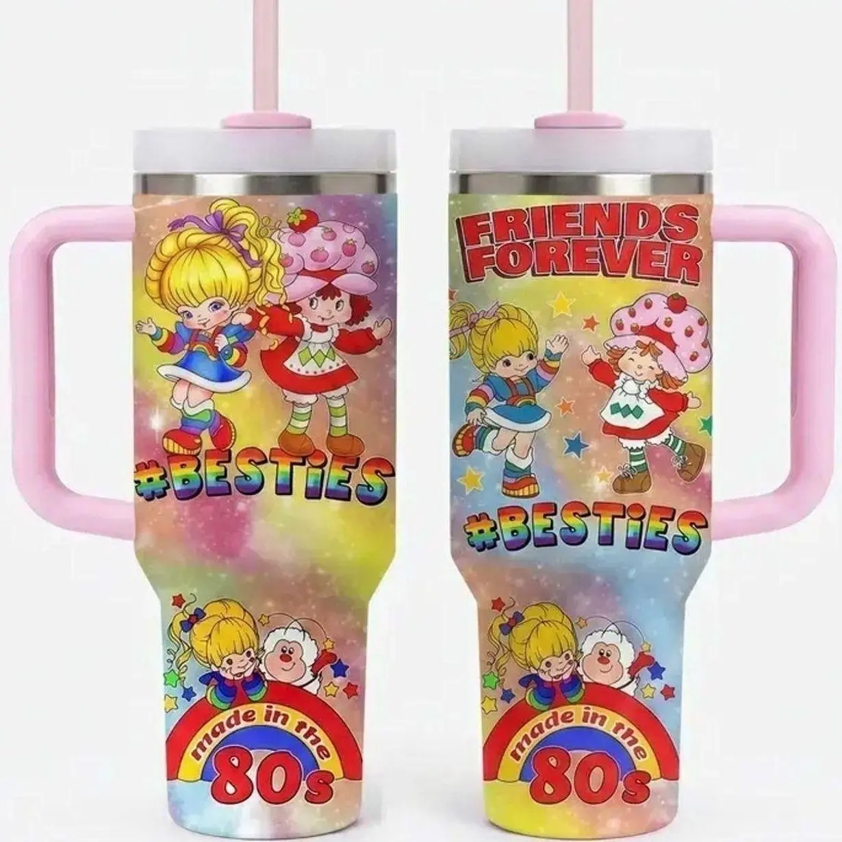 [Collection] 40oz/ 20oz 80s Cartoon Strawberry & Rainbow Insulated Tumbler with Handle and Straw, Double Wall Vacuum Insulated Travel Mug, Trendy Collector Drinkware