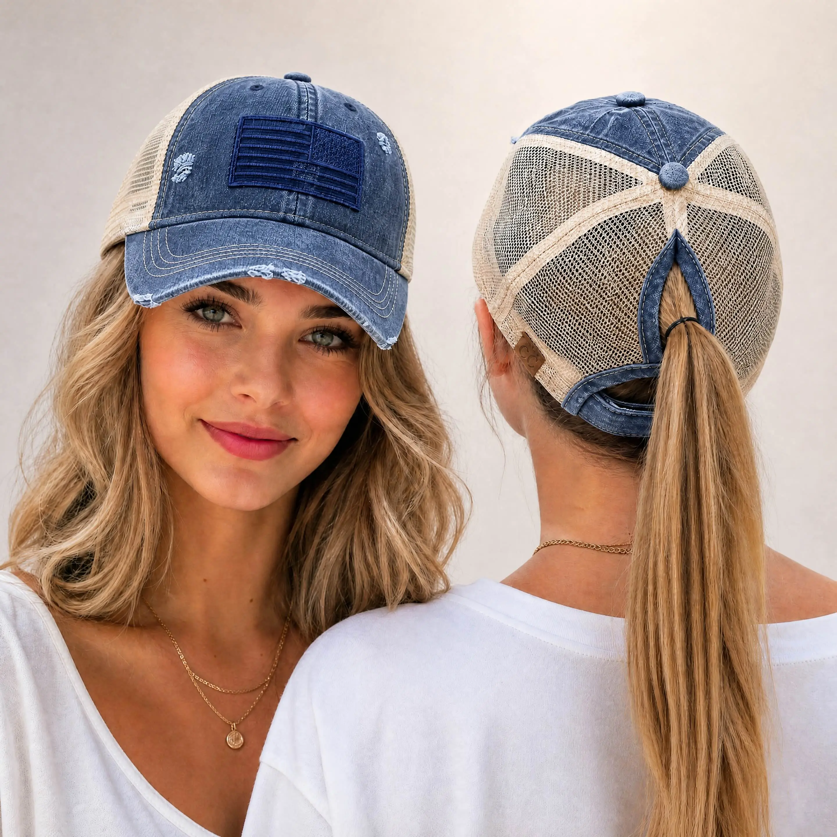 Women’s Tone & Tone USA Flag Ponytail Trucker Hat – Adjustable Vintage Distressed Mesh Baseball Cap, Perfect for Memorial Day and July 4th