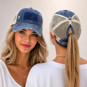 Women’s Tone & Tone USA Flag Ponytail Trucker Hat – Adjustable Vintage Distressed Mesh Baseball Cap, Perfect for Memorial Day and July 4th