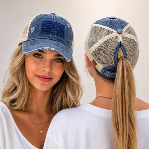 Women’s Tone & Tone USA Flag Ponytail Trucker Hat – Adjustable Vintage Distressed Mesh Baseball Cap, Perfect for Memorial Day and July 4th