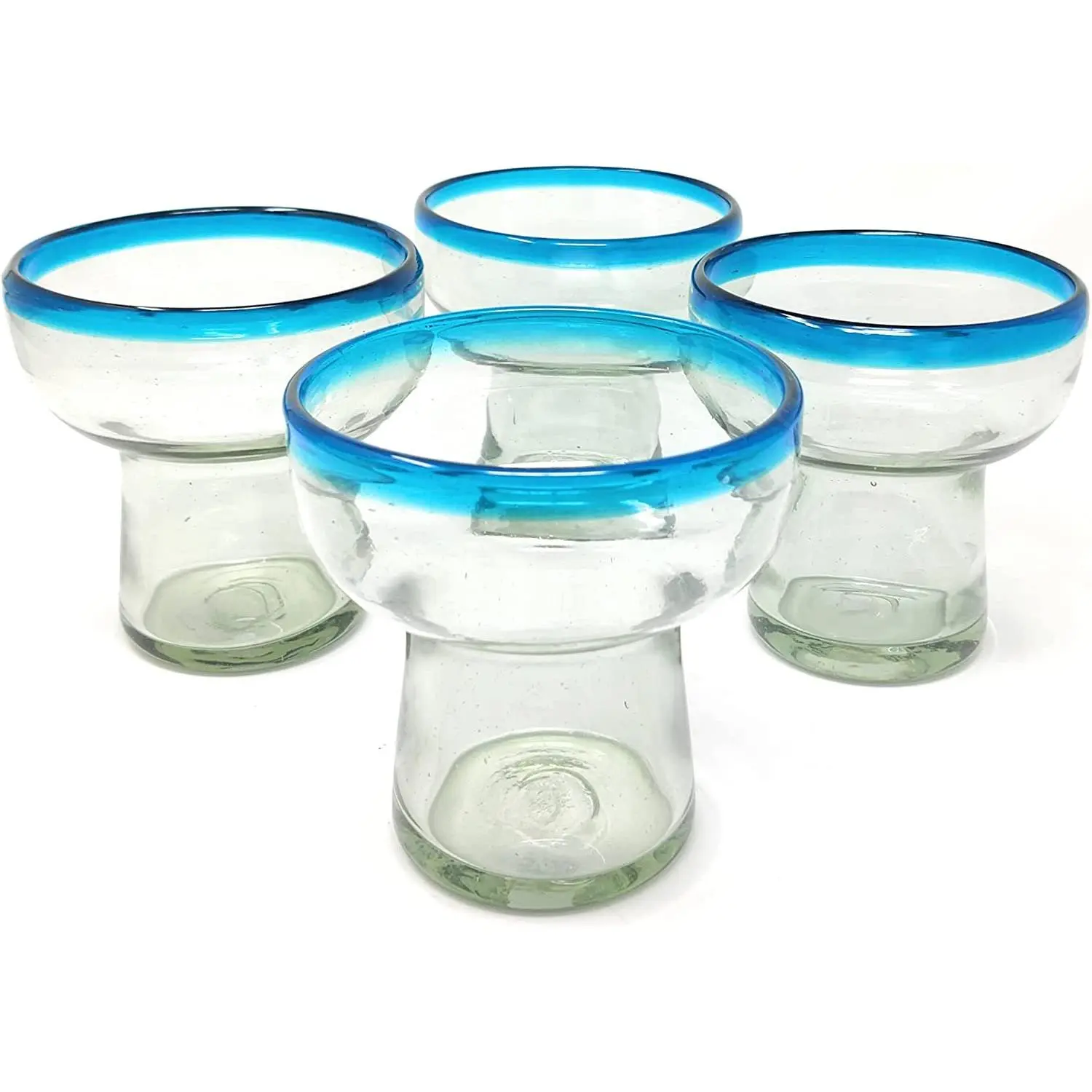 Dos Sueños Mexican Hand Blown Glass – Set of 4 Hand Blown Stemless Aqua Rim Margarita Glasses (14oz)