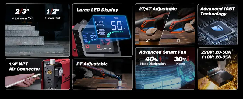 ARCCAPTAIN Plasma Cutter Welder, 50A 110/220V DC Inverter IGBT Machine, 2/3" Max Cut, 1/2" Clean Cut, 1/4 NPT Fitting, Large LED Display, 2T/4T Torch Modes, PT Adjustable, Smart Fan, Tools for Beginners DIY