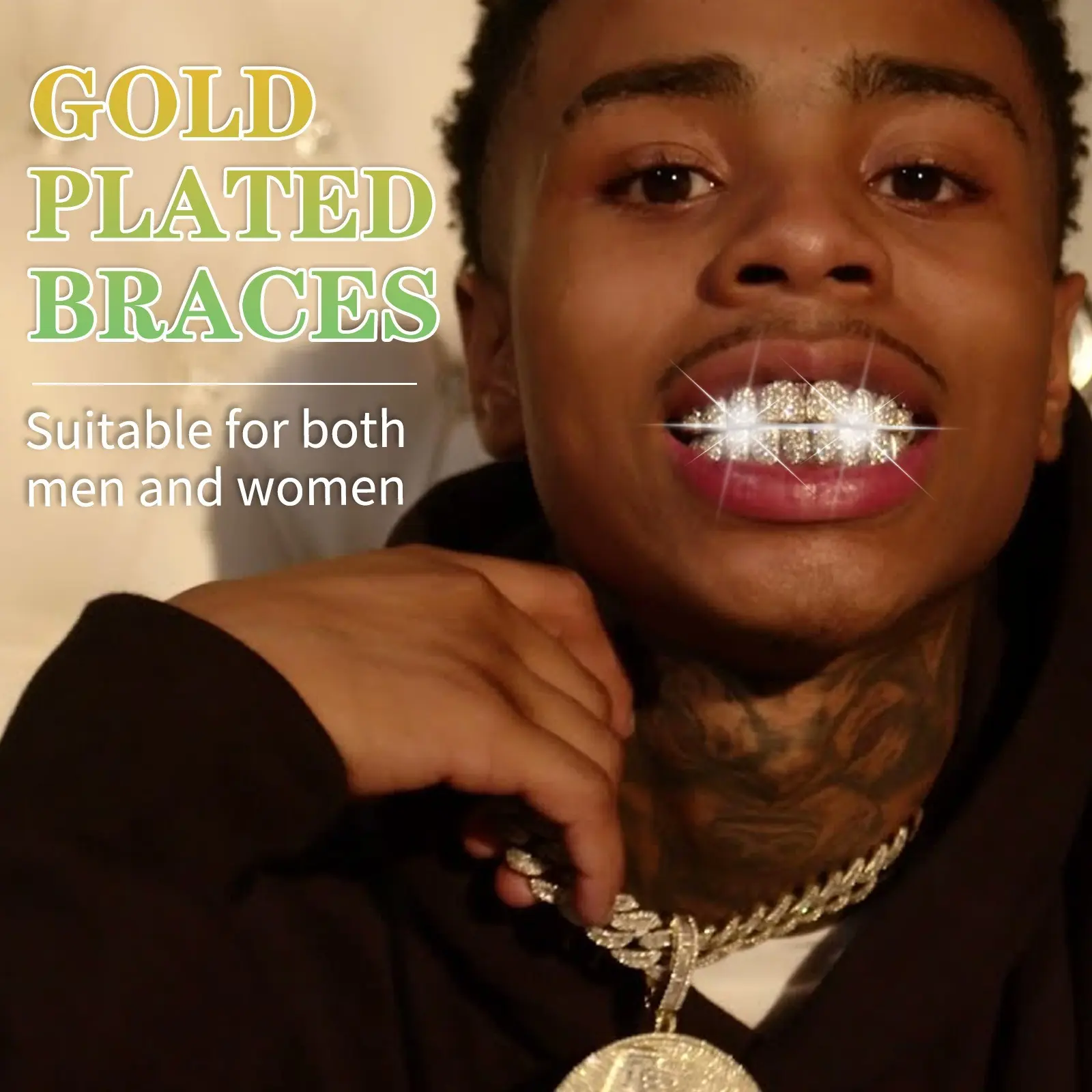 Personalized Micro-Inlaid Zircon Golden Suit Fake Braces, Hip-Hop Halloween Funny Body Jewelry Fashion Accessory