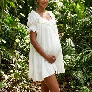 Casual Mini Dress for Maternity Women Loose Solid Ruffle Trim Scoop Neck Puff Sleeve Short Dress  for Beach & Vacation