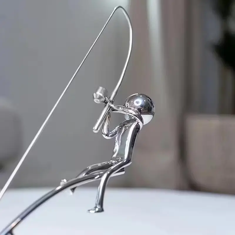 Fisherman Balancing Sculpture, Kinetic Fishing Statue, Metal Fishing Rod Art, Home & Office Decor, Desk Ornament, Outdoor Dynamic Artwork, Desktop Figurine, Living Room Ornaments, Decorative Statues