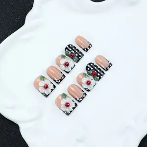 10 pieces/set of handmade nail tips with French edge, 3D, insect, polka dot, relief, and carved elements, Y2K Baddie style, suitable for gatherings and daily wear, including toolkits, an excellent gift for women, and handmade nail products