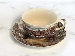 Johnson Brothers Olde English Countryside Cup and Saucer Set Antique English Ceramic with Village Scene Design Porcelain Tea Drinkware Traditional Classic