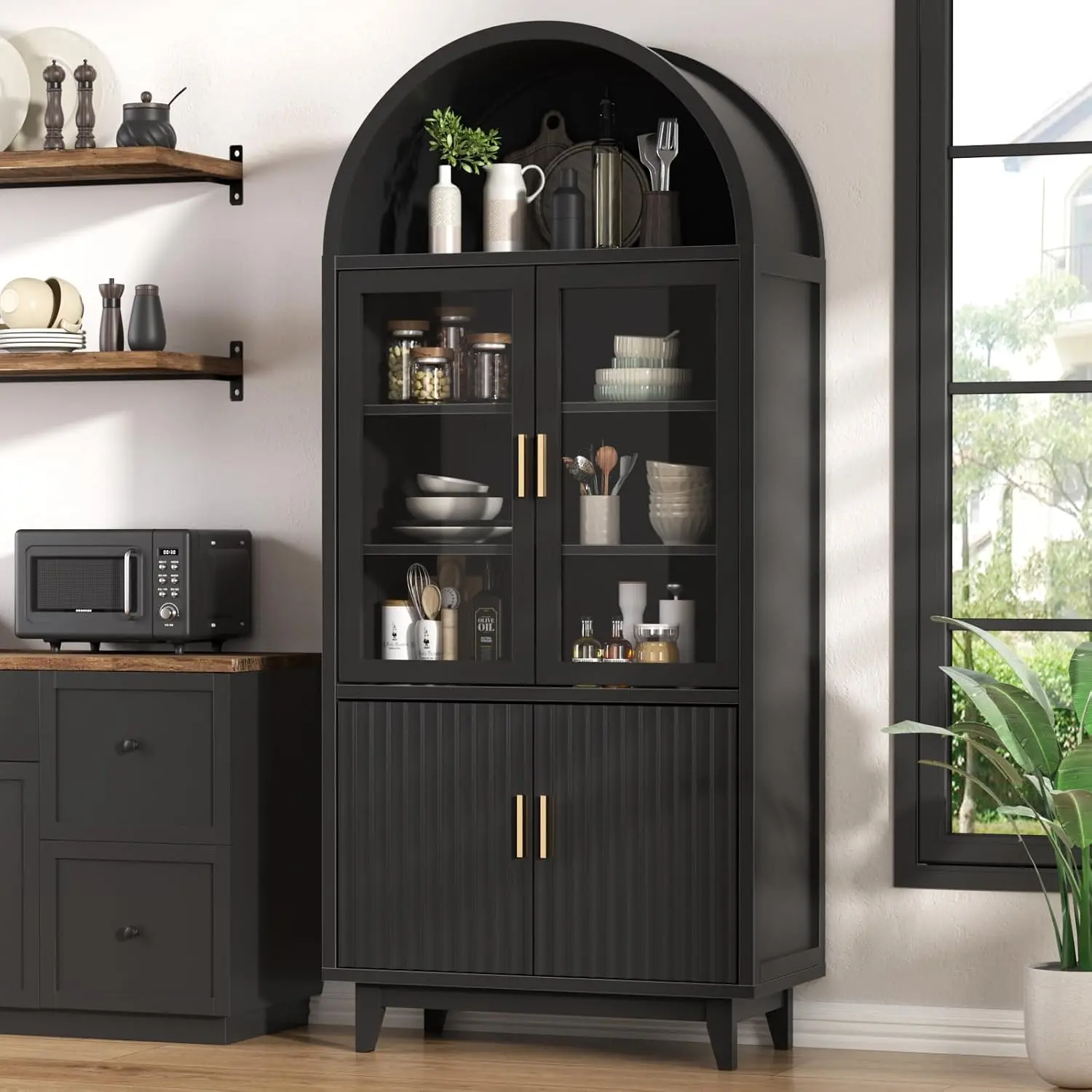 [Summergarden] Vabches Kitchen Pantry Cabinet with Glass Doors - Arched Design, Solid Wood Legs, Artistic Fluted Door, Adjustable Shelves, 70.8" Curved Storage Cabinet for Kitchen, Dining Room