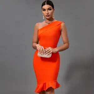 Summer Fashion Sexy Elegant One Shoulder Mermaid Midi Bodycon Dress Bandage Dress Orange Night Out Evening Cocktail Party Dress For Women