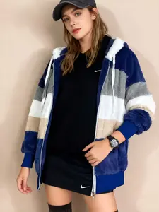 Women's New Winter Warm Fleece Hooded Patchwork Jacket with Zipper Pockets, Loose Fit Coat, European and American Style, Casual Outerwear Womenswear