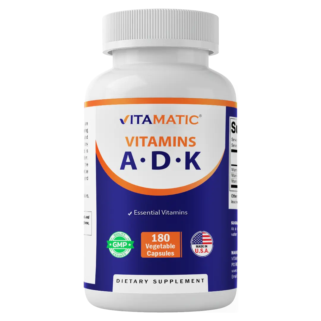Vitamatic ADK Vitamin Supplement, 180 Veg Capsules, High Potency Vitamins A, D3, K2 for Bone Health, Calcium Absorption, Non-GMO, Gluten Free