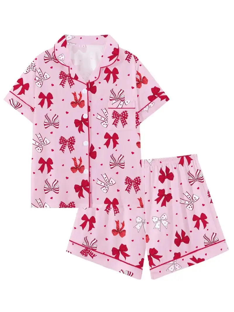 Women's Butterfly Bow Collar Pajama Set, Short Sleeve Loose Fit Sleepwear, Comfortable Casual Loungewear Gift