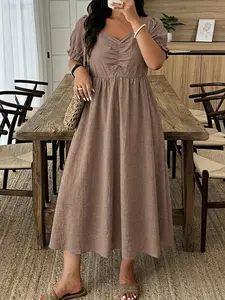 Plus Size Women's A-Line Short Sleeve Casual Dress, Backless Contrast Lace Design, Elegant Bow Tie, Perfect for Daily Wear, Dates, Parties