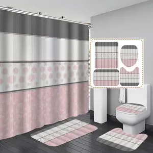 1/3/4PCS Floral styled fabric with pink and gray tones Flowers Shower Curtain Set with Rugs, Non Slip Bath Mat, U-Shape Carpet, Toilet Lid Cover, Polyester Fabric Bathtub Curtain Accessories, 12 Hooks, Shower Essentials, Home Bathroom Festival Decor