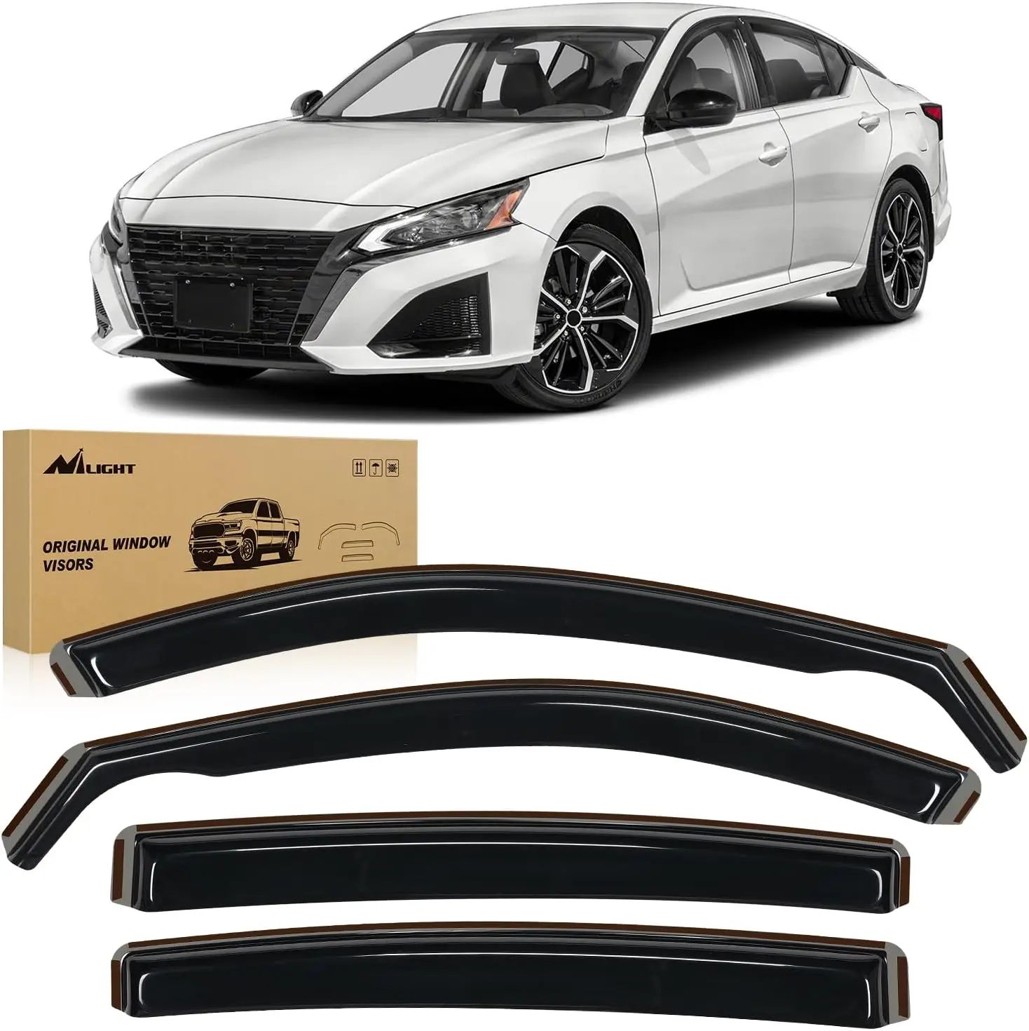 Nilight 4-Pieces Custom Fit In-Channel Aerodynamic Rain Guards, Anti-Fog All Weather Vehicle Car Exterior Accessories, Shatterproof Self-Adhesive 12pcs Clips Double Fixation Ventilation Deflectors for 2019-2025 Nissan Altima, Car Accessories