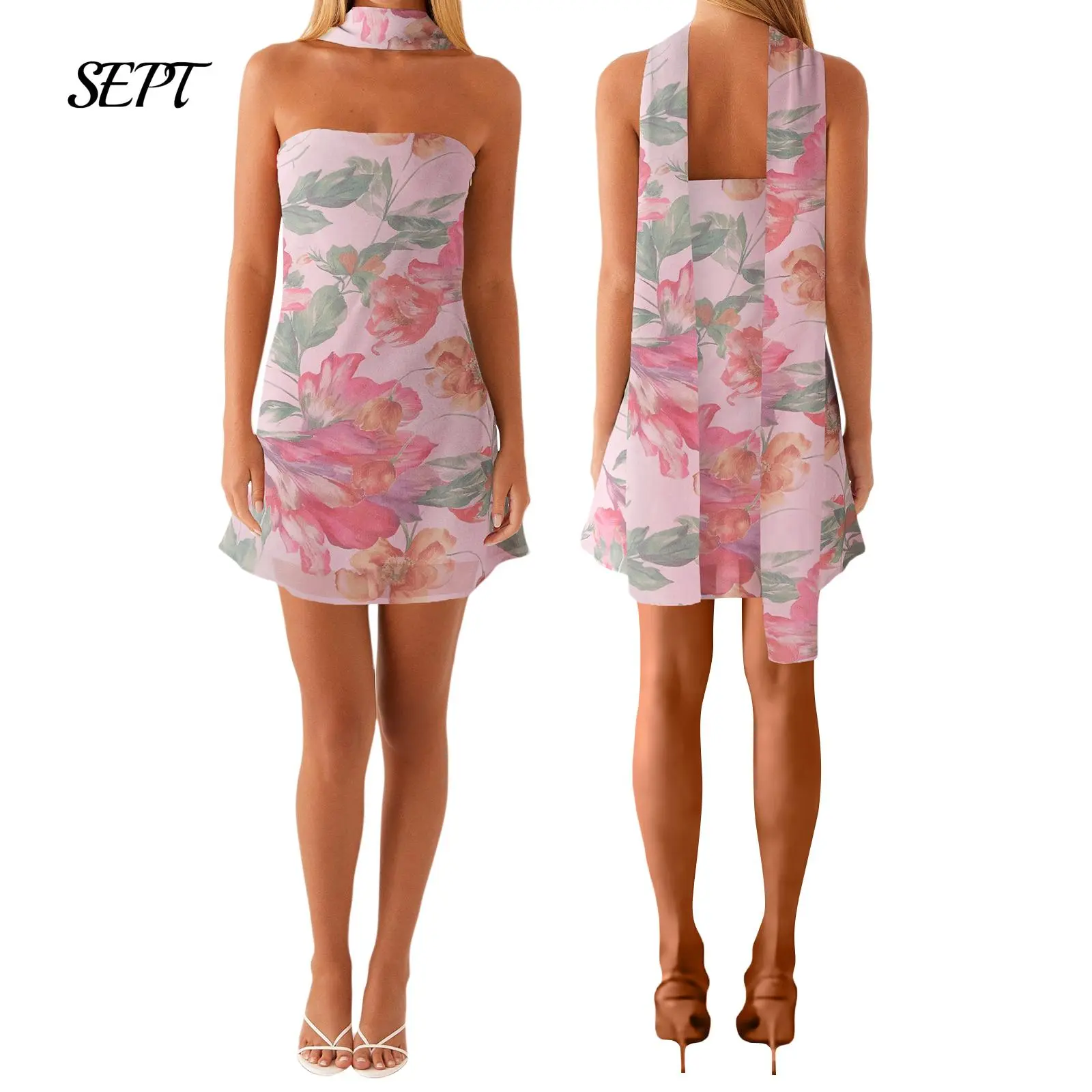 Women Romantic Lavender Floral Print Mini Dress, Strapless Backless Flower/solidFit Summer Tube Dress Formal Cocktail Beachwear Dress With Scarf Casual Sleeveless
