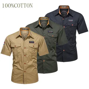 Men’s 100% washed pure cotton military short-sleeve shirt with patch badge, two pockets, wear-resistant fabric—casual workwear/outdoor shirt oxford