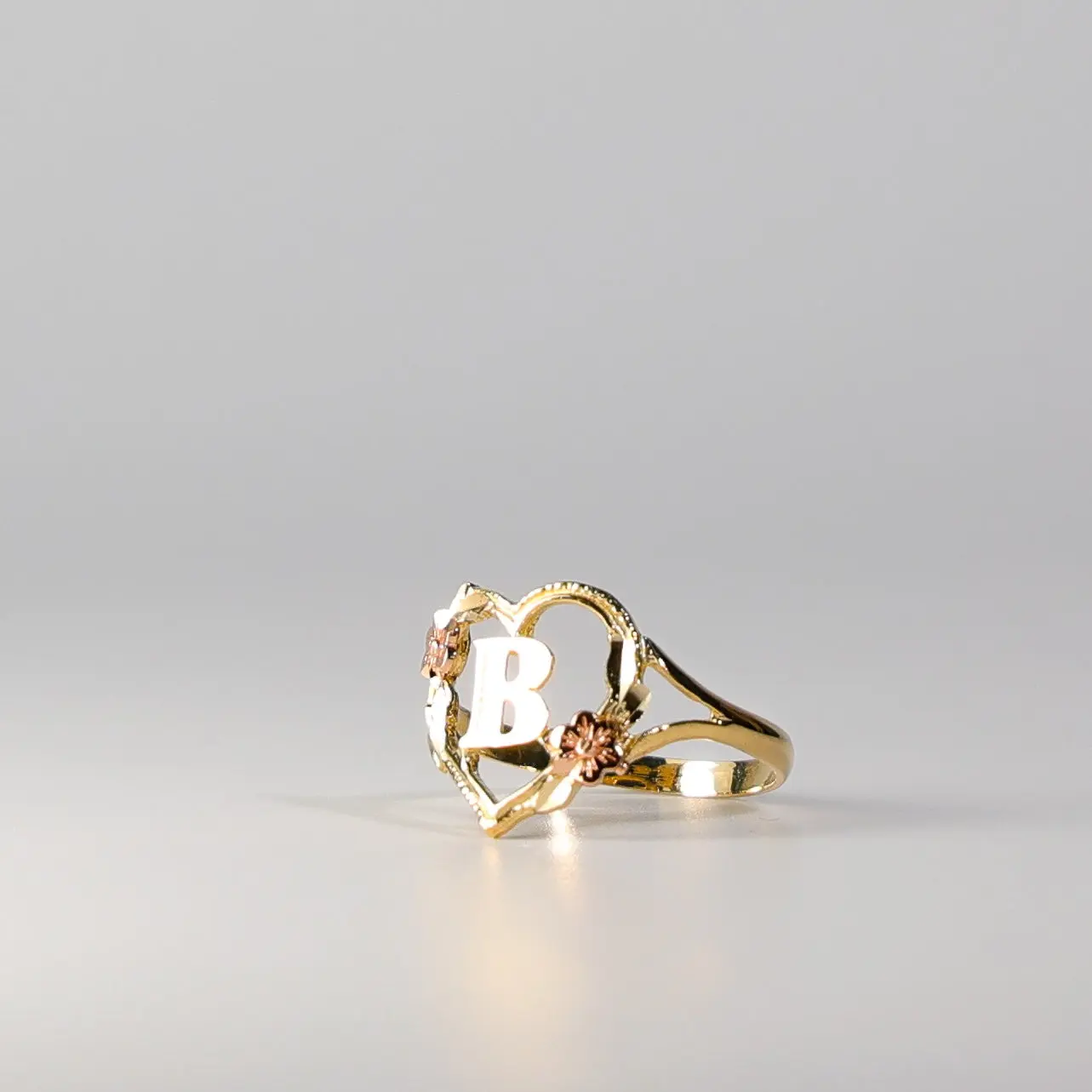 14K Gold Heart & Rose Initial "B" Ring
