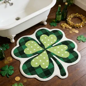 St Patrick's Day Plush Bath Mat, Lucky Four-Leaf Clover Design, Soft Comfortable Carpet, Home Decor Rug, Indoor Use, Bathroom Decorative Mat, Bathroom Floor Mat