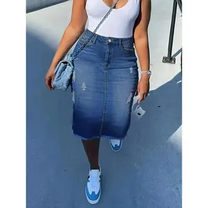 Women's Ripped  Denim Skirt, Fashion Casual  Button Fly  Skirt for Daily Outdoor Wear, Ladies Bottoms for Summer