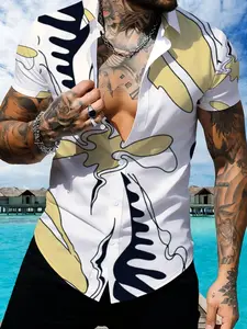 Printed Short Sleeve Shirt, Men's Summer Casual Shirt, Trendy Abstract Pattern Design, Multicolor Spliced Fashion Top