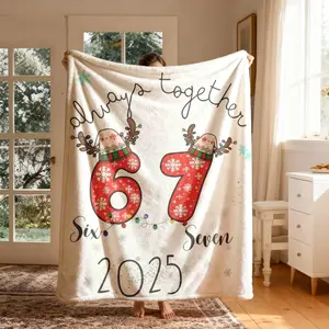 Christmas Number 67 Reindeer Hat Flannel Blanket, Large Size, Soft Lightweight Warm, Perfect for Bed Sofa Office Camping Travel Gift