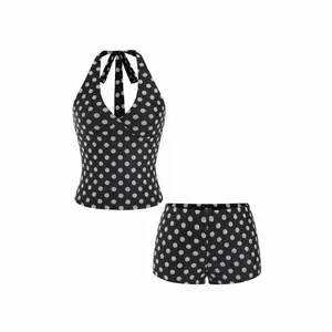 Cider Polka Dot V-Neck Halter Top & Low Rise Micro Shorts Set