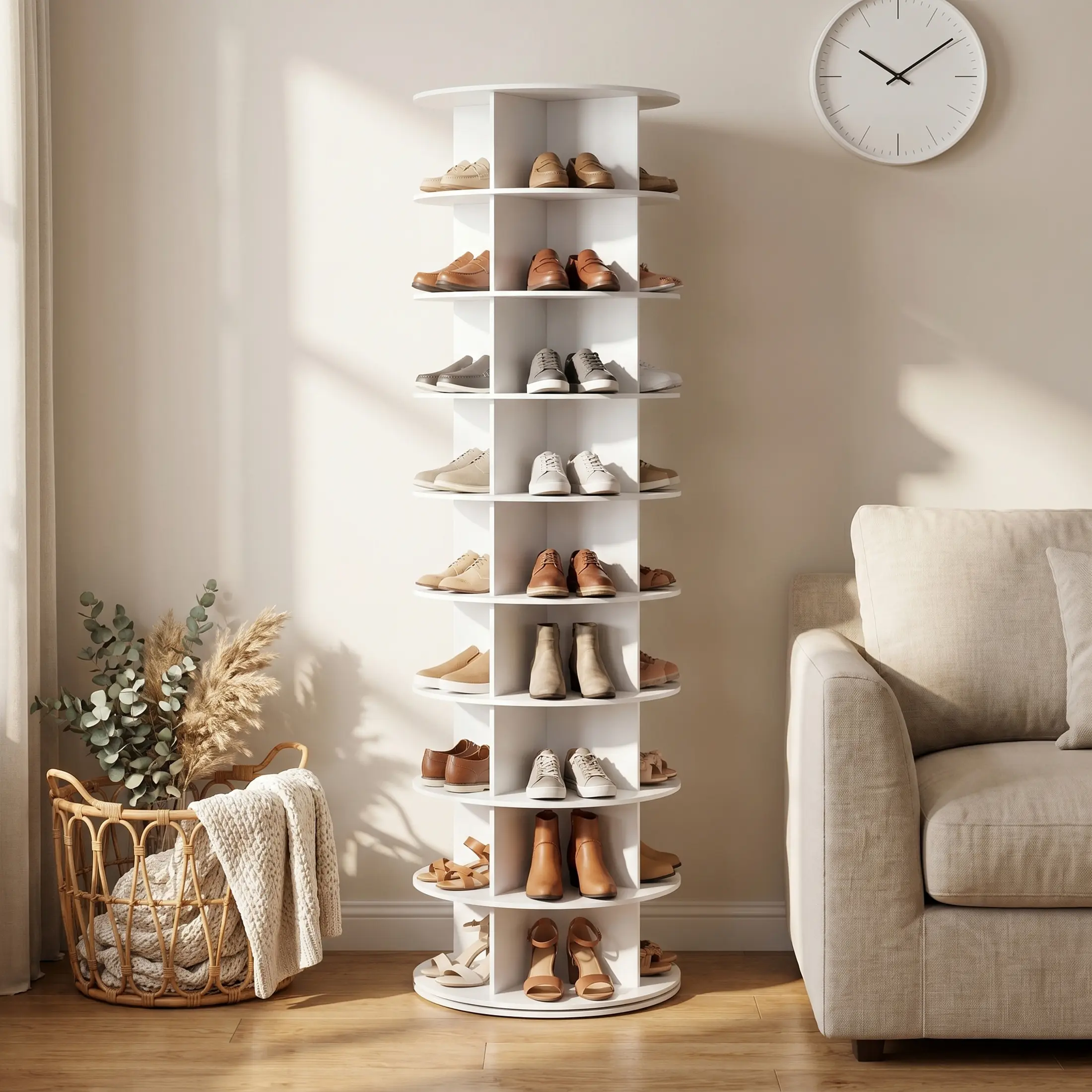 Rotating Shoe Rack Tower, Spinning Shoe Display Lazy Susan, Revolving 360 Shoe Rack Storage Round Carousel, Vertical Handbag Rotate Shoes Closet Organization
