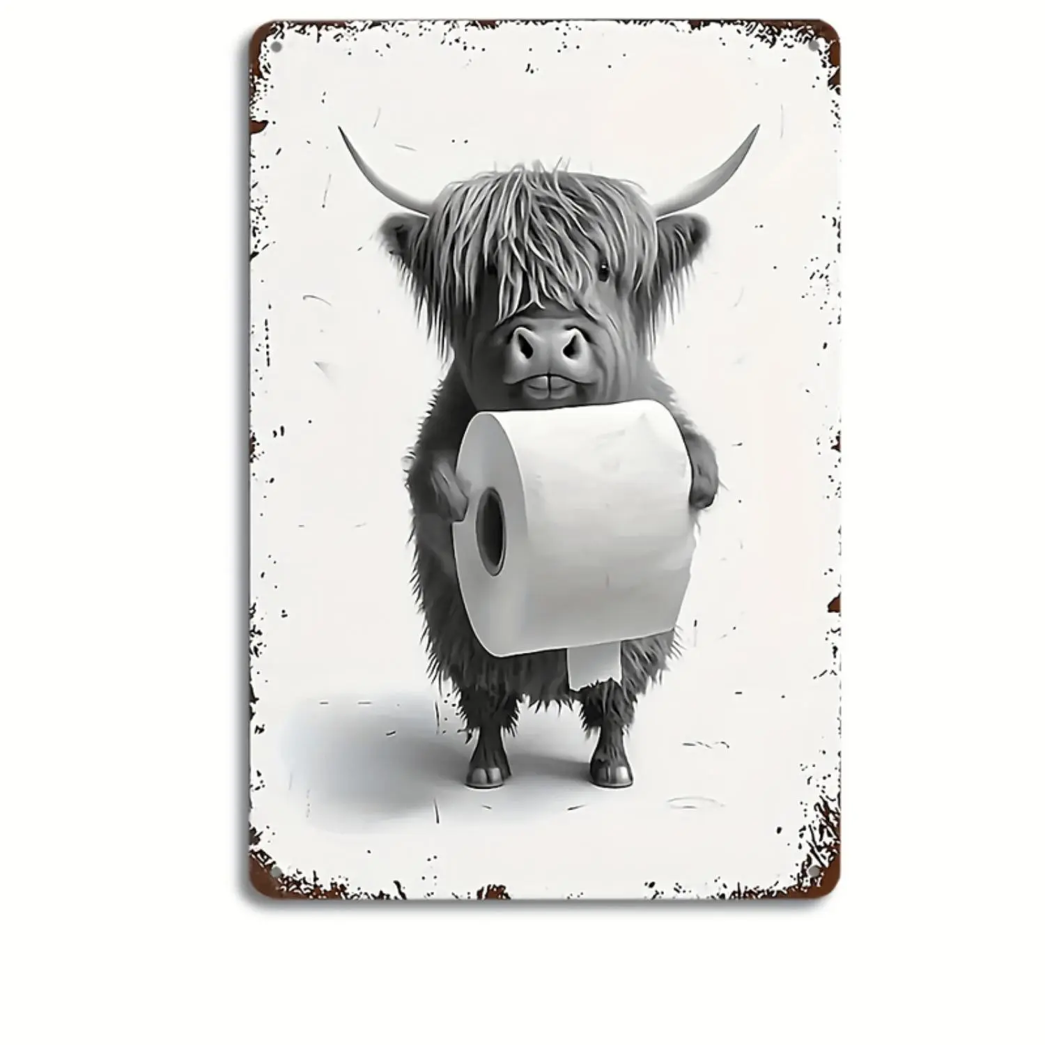 1pc Whimsical Highland Cow Toilet Paper Wall Metal Plaque - 8x12in Decorative Easy Install Bathroom Wall Art, Farmhouse Decor - Restroom Sign for Home - Ideal Gift for Cow Lovers