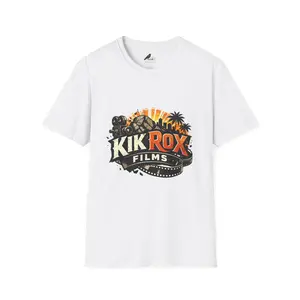KikRox Films logo T-Shirt | Vintage film reel, palm trees, sunset graphic