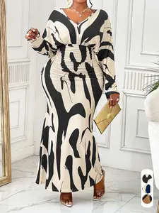 Elegant Sexy Women's Geometric Print Dress, Plus Size Deep V Neck Batwing Sleeve Slim Fit Long Dress