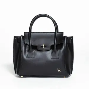 Enzina Midnight Black Leather Handbag Simple Design with Unique Logo Emblem, 100% Italian Saffiano Leather, Gold-Toned Hardware, Compact & Versatile for Evening Events
